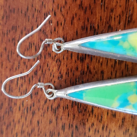 VINTAGE Sterling Silver Enamel Teardrop Earrings • Modernist Dangle - Picture 7 of 11